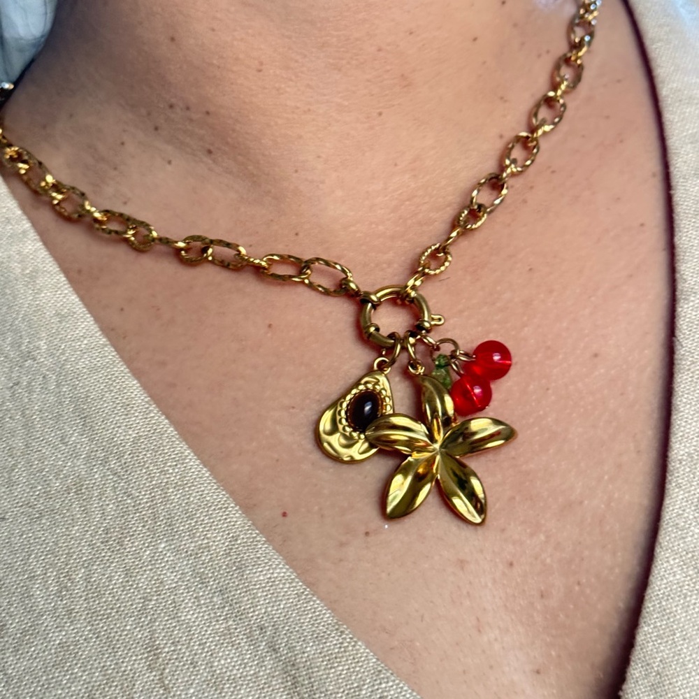Gold Chain Necklace with Strawberry and Flower Charms